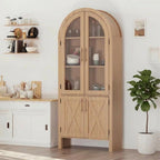 Jojoka Arched Pantry Cabinet, 60" Tall Farmhouse Kitchen Storage Cabinet with Glass Doors & X-Design, Tall Narrow Accent Cabinet with 4 Doors, Wood Display Cabinet for Dining Room, Living Room, Entry