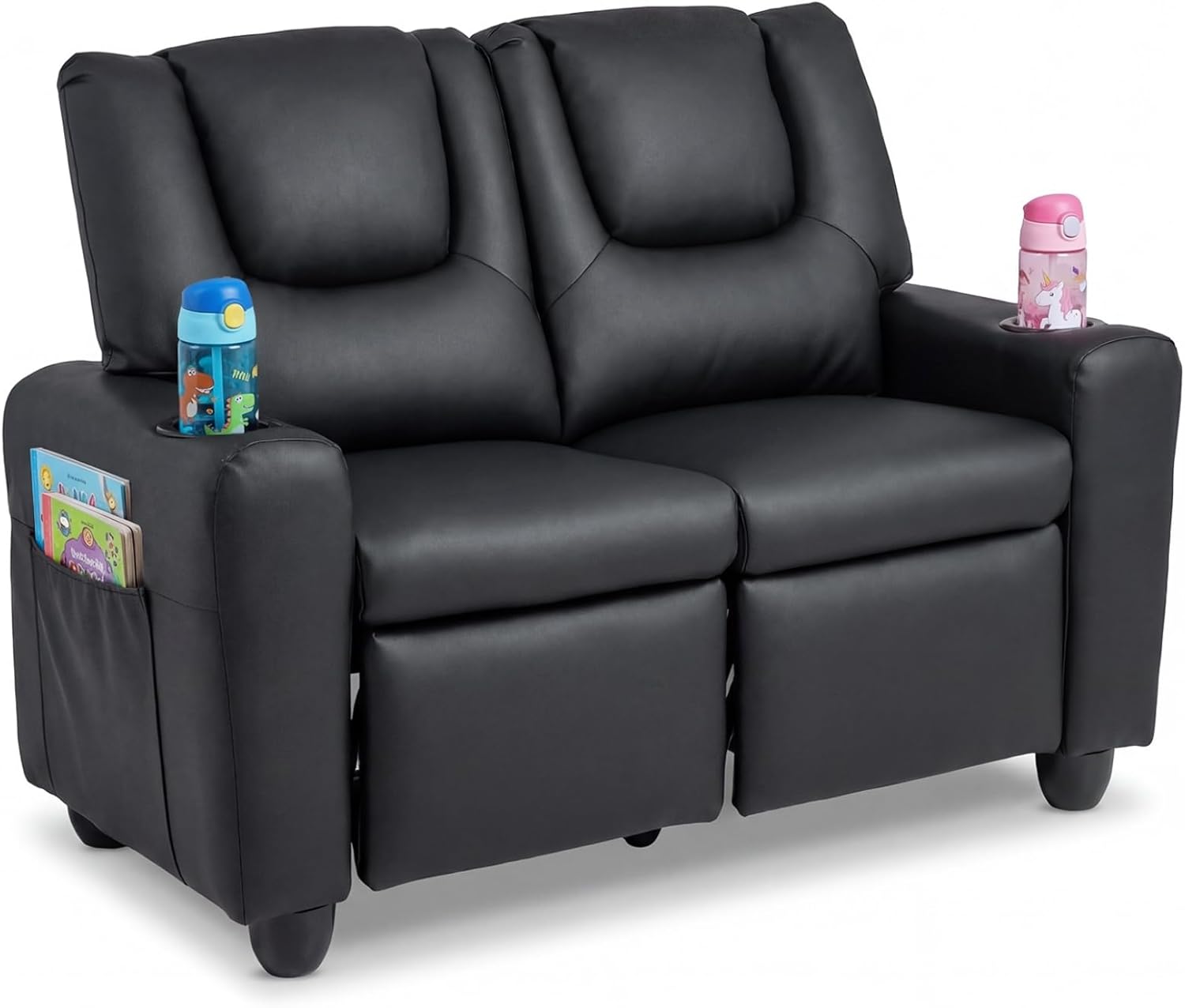 Costzon 2-Seater Kids Recliner, PU Leather Kids Loveseat w/2 Cup Holders & 2 Side Storage Pockets, Toddler Lounge Sofa Chair Couch w/Adjustable Backrest & Footrest for Girls & Boys 3+ Years Old Gifts