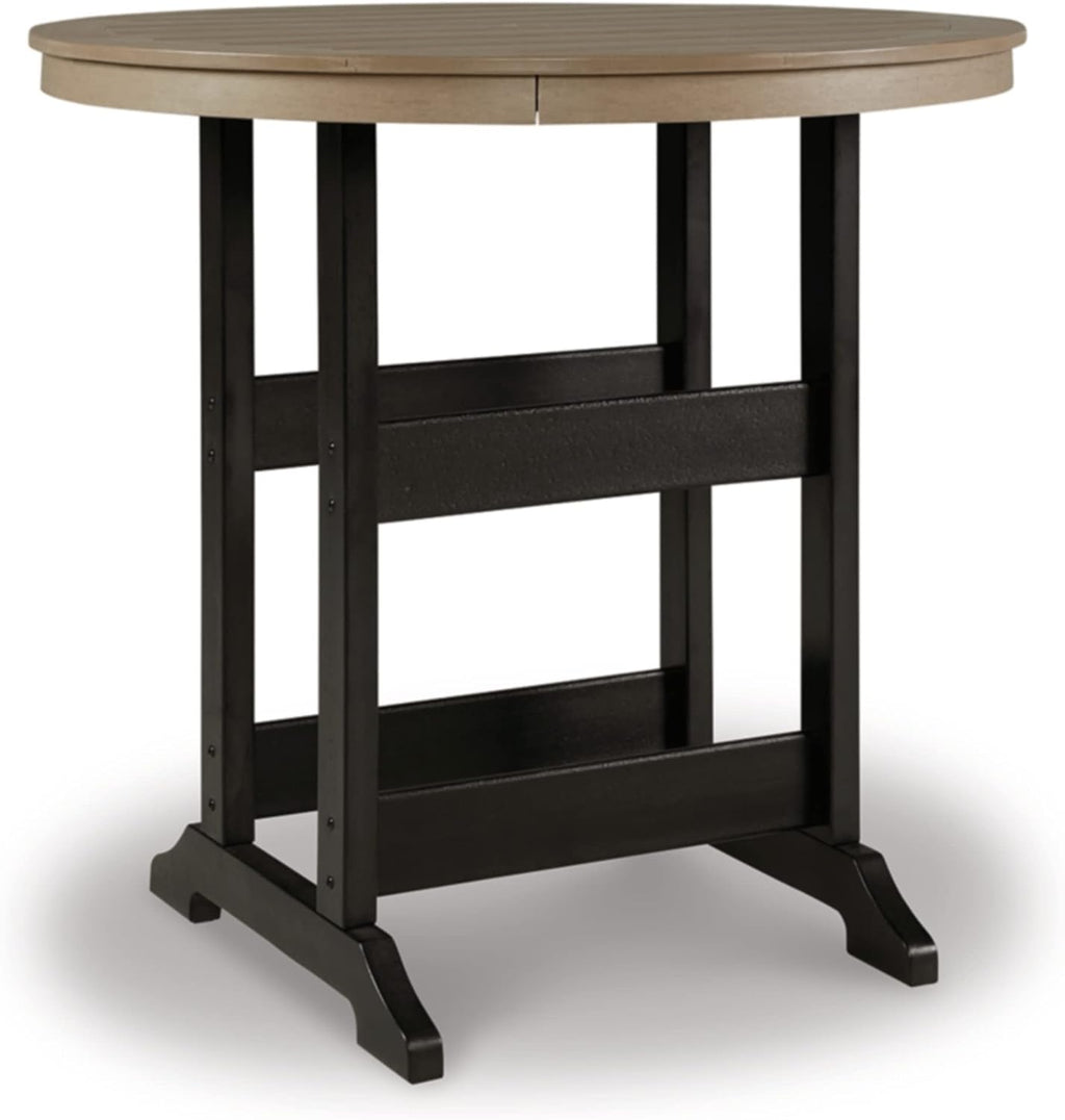 Signature Design by Ashley Fairen Trail Outdoor Bar Table, Durable Weather Resistant HDPE, with Umbrella Hole for Patio Dining, Black and Driftwood, 46 Inch Round