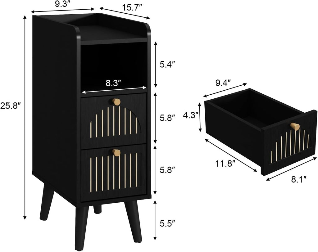 Wnutress 9.3" Narrow Nightstand with 2 Drawer, Fluted Wood End Table with Open Shelf, Boho Skinny Bedside Table for Bedroom, Living Room, Set of 2, Black