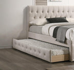 Contemporary Twin Size Bed w, Trundle Slats Light Brown Burlap Upholstered Tufted Headboard Footboard Youth Bedroom Furniture Wooden Slats 1pc Bed