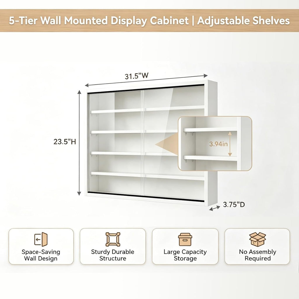 5-Tier Wall Mounted Shot Glass Display Case, No Assembly Required Wine Glass Display Cabinet with Glass Door & Adjustable Shelves, Bar Cabinet for Liquor Glasses, Bedroom Playroom, White