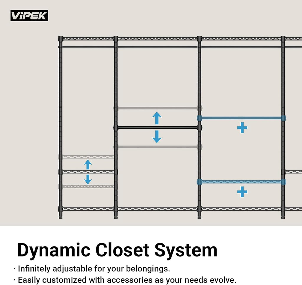 VIPEK S4 Heavy Duty Clothes Rack with Shoe Shelves Freestanding Clothing Rack with 8-Tier Shoe Rack, 4 Hanging Rod, Adjustable Shelf, Walk in Closet Organizer Garment Rack, Black