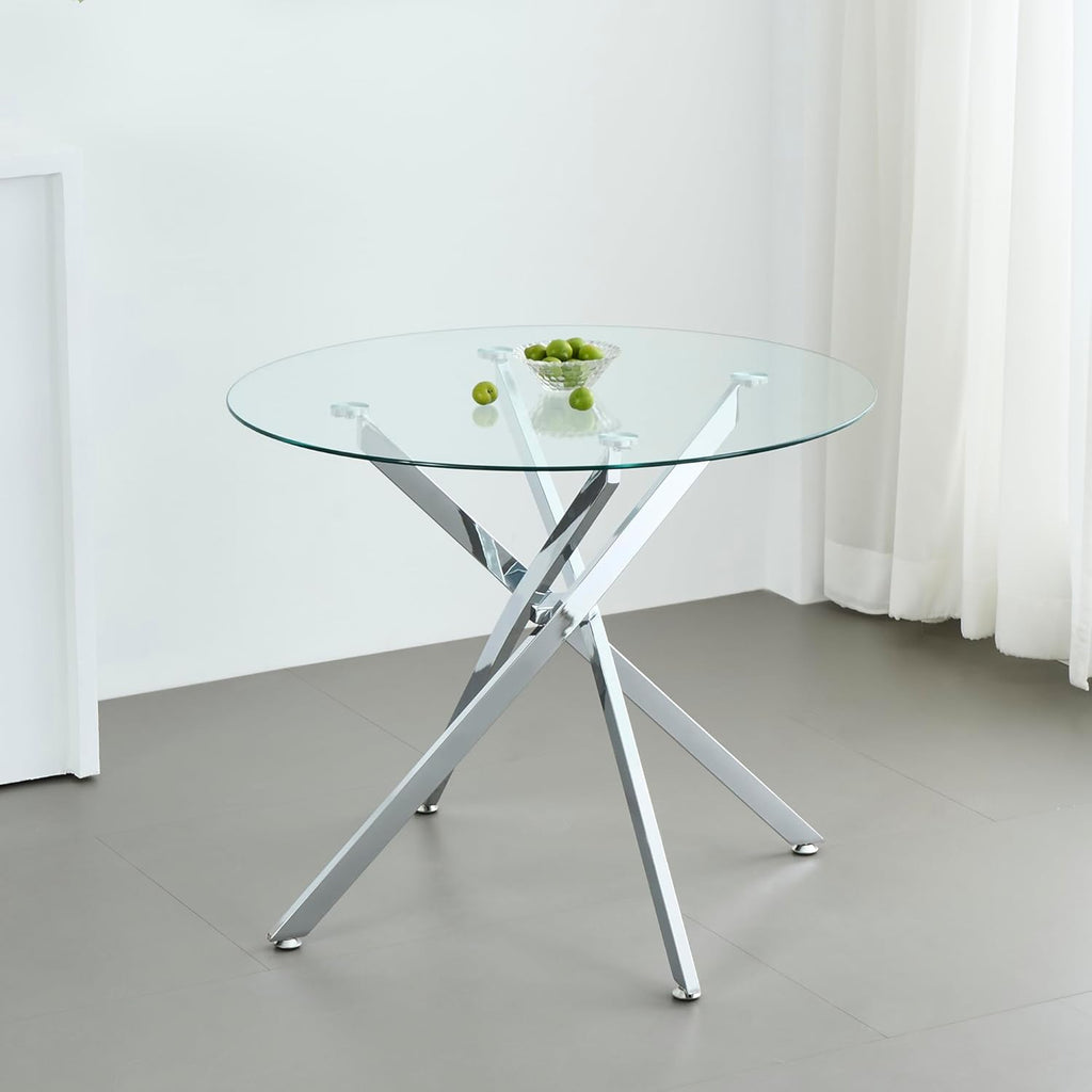 47.2“ Round Dining Table for 4, Contemporary Tempered Glass Dining Table, Small Dinner Table with Silver Metal Base, Round Clear Kitchen Table Writing Desk for Dining Kitchen