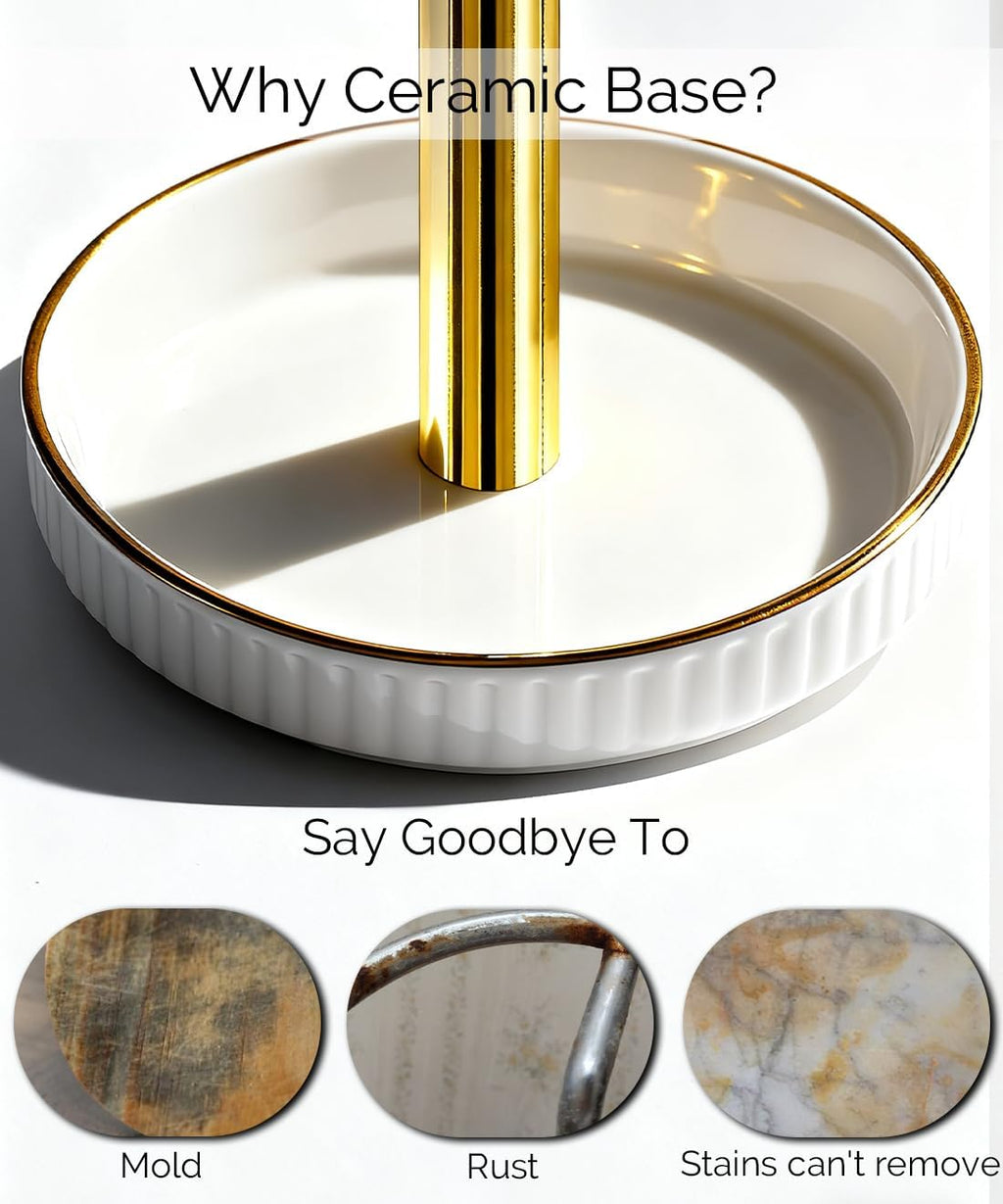 Paper Towel Holder, Ceramic Heavy Plate Base Wobble-Free, Roll Stand-Gold | Effortless Cleaning and Easy to Assemble, Super Large for Triple Rolls, High End Looking as a Good Gift for Kitchen Island
