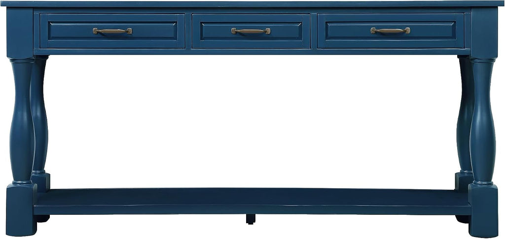 Merax Console Table with 4 Drawers, Retro Entryway Table with Open Storage Shelf for Entryway, Wood Side Table with Thick Legs for Living Room Bedroom, Navy Blue