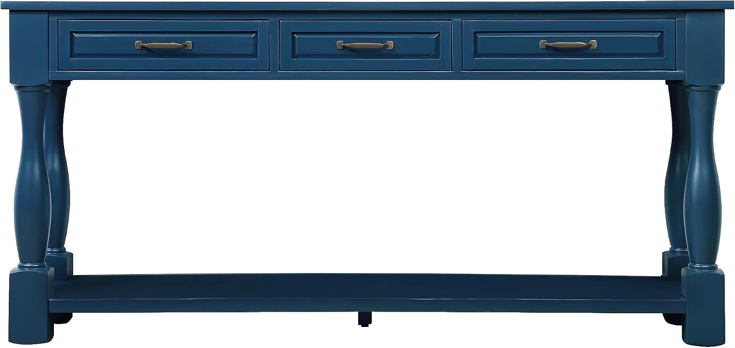 Merax Console Table with 4 Drawers, Retro Entryway Table with Open Storage Shelf for Entryway, Wood Side Table with Thick Legs for Living Room Bedroom, Navy Blue