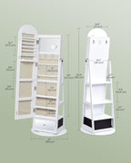 SONGMICS 360° Swivel Jewelry Cabinet, Full-Length Arched Mirror with LED Lights, Magnifying Mirror, Storage Shelves, Drawer, Cloud White UJJC030WB01