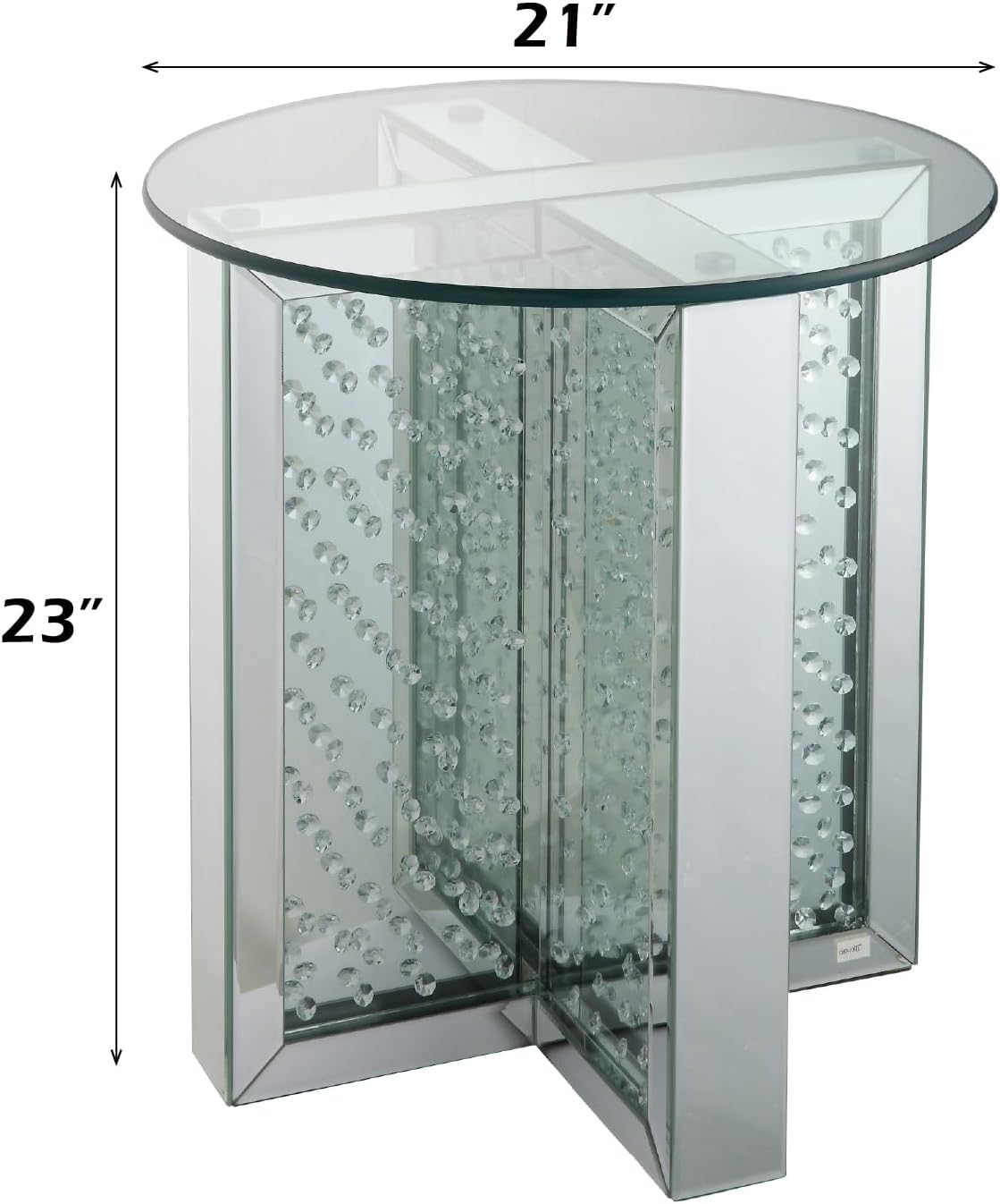 Nysa Modern 21" Round Mirrored End Table with Faux Crystal Inlay, Glam X-Shape Pedestal Side Table, Tempered Glass Top Nightstand for Bedroom, Fully Assembled Accent Table for Living Room