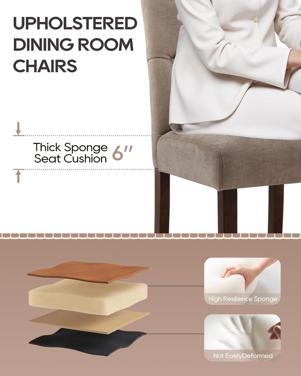 Dining Chairs Set of 6, Button Tufted Parsons Upholstered Chairs with Solid Wood Legs, Mordern Fabric Kitchen Chairs for Dining Room，Taupe