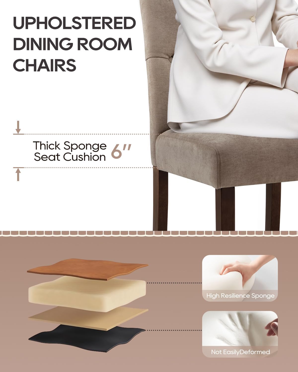 Dining Chairs Set of 6, Button Tufted Parsons Upholstered Chairs with Solid Wood Legs, Mordern Fabric Kitchen Chairs for Dining Room，Taupe