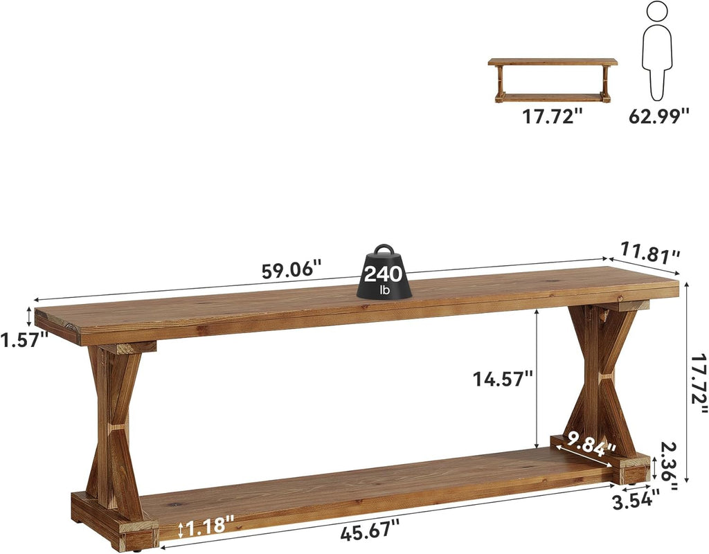 59-Inch Solid Wood Dining Bench, Modern Rustic Bench for Dining Table, 2-Tier Wooden Storage Seat for Dinner Room, Kitchen, Living Room & Hallway, Brown