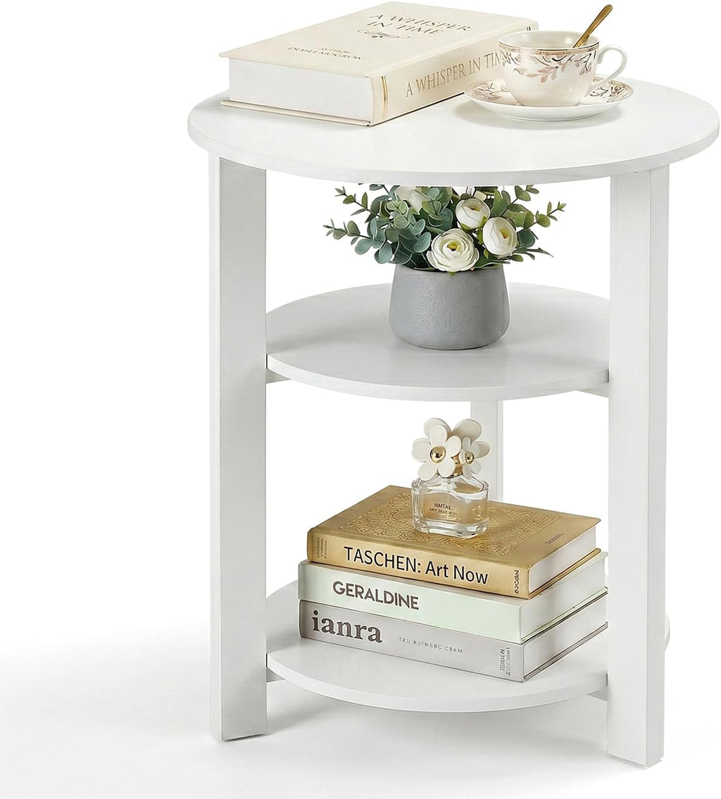 Farmhouse 3-Tier Round Side Table, 17.7 * 21.7inch End Table with Open Storage,Modern Accent Table Circular Nightstand for Living Room, Bedroom, Office,Wooden Table for Narrow and Small Spaces, White
