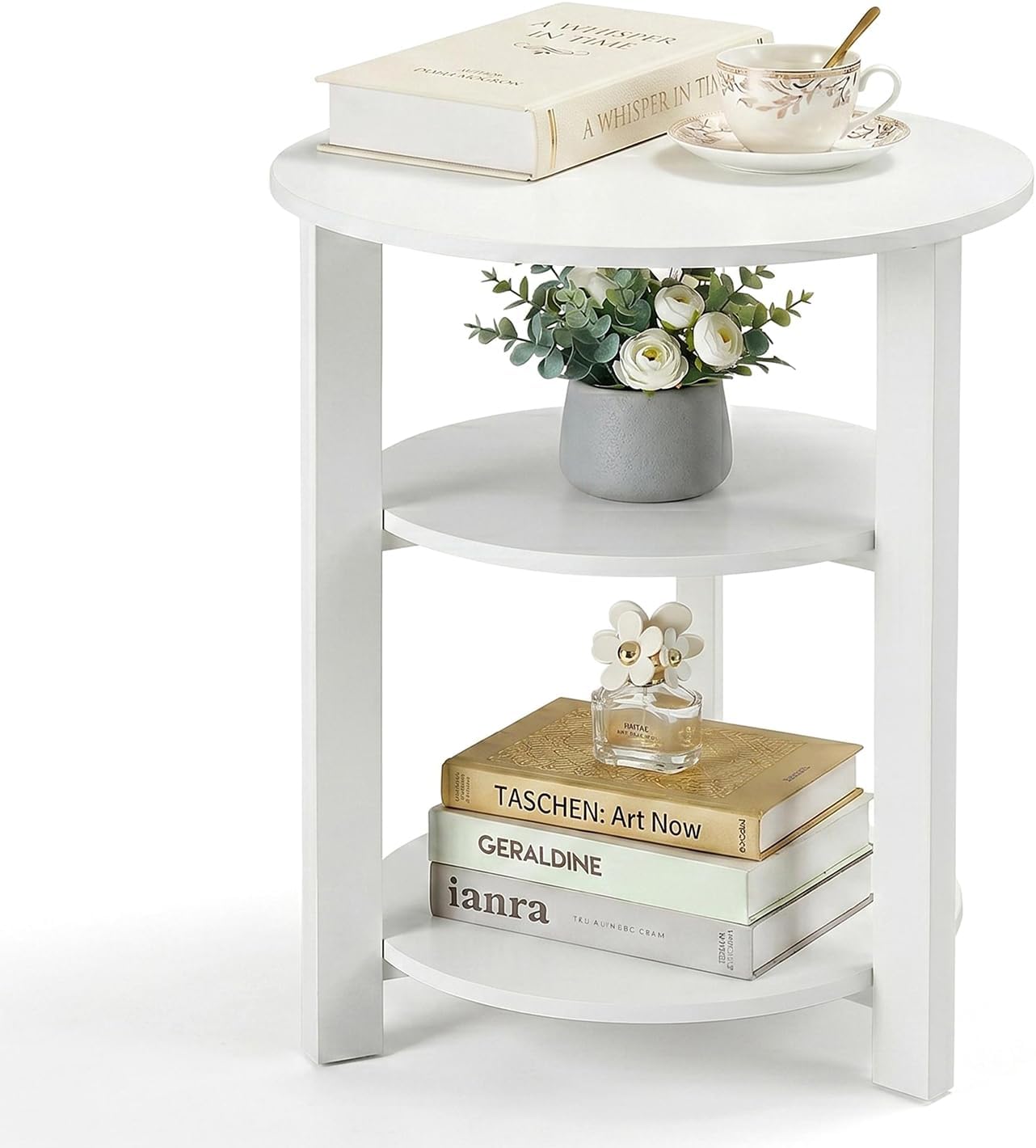 Farmhouse 3-Tier Round Side Table, 17.7 * 21.7inch End Table with Open Storage,Modern Accent Table Circular Nightstand for Living Room, Bedroom, Office,Wooden Table for Narrow and Small Spaces, White