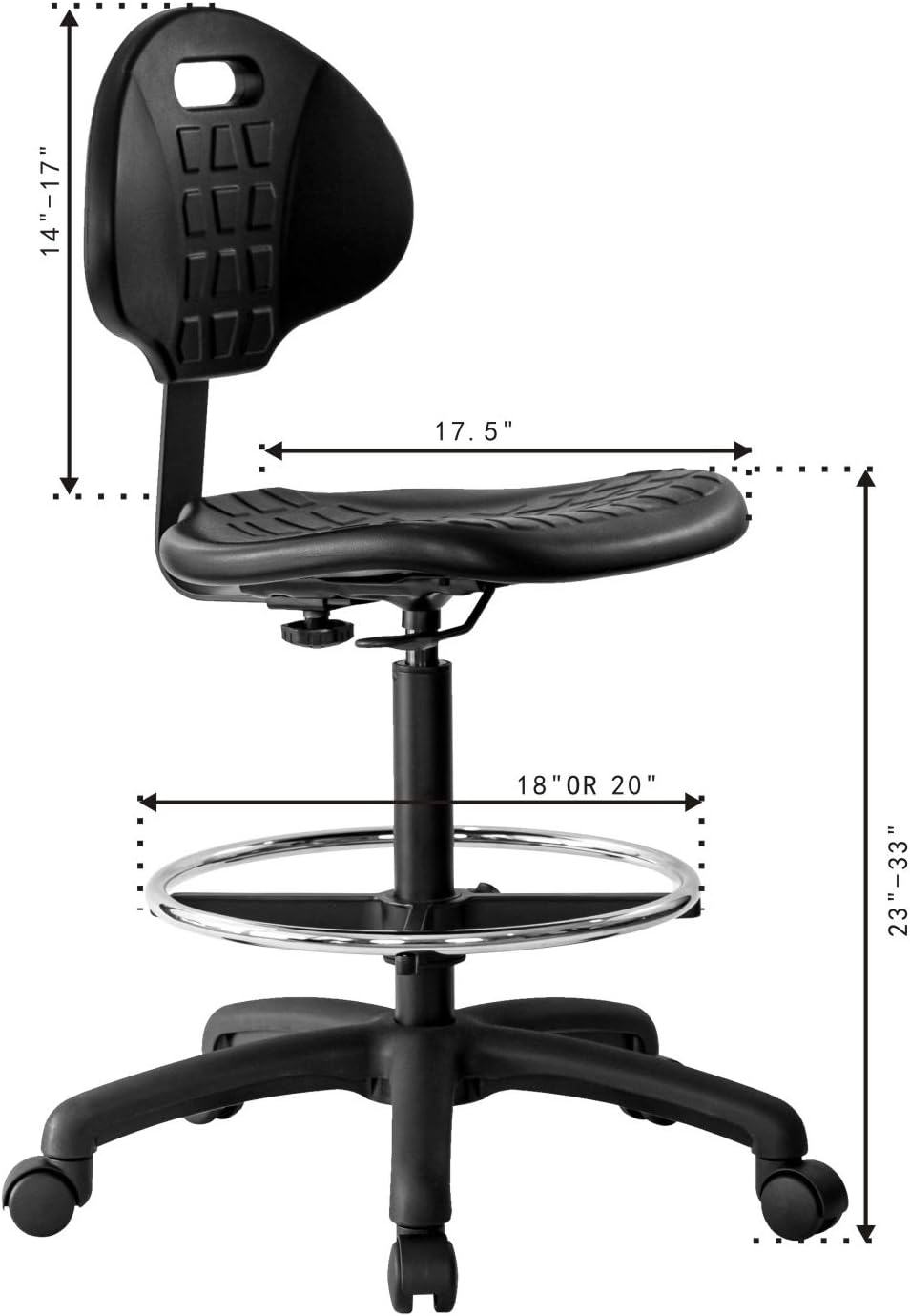 Chair Master-Heavy Duty Ergonomic Drafting Stool Black-Easy to Clean-Largest (20") Adj. Footring and Base (26") on the Market. Seat Ht Range (23"-33"). for Home, Auto, Lab, Cleanroom. Durable.