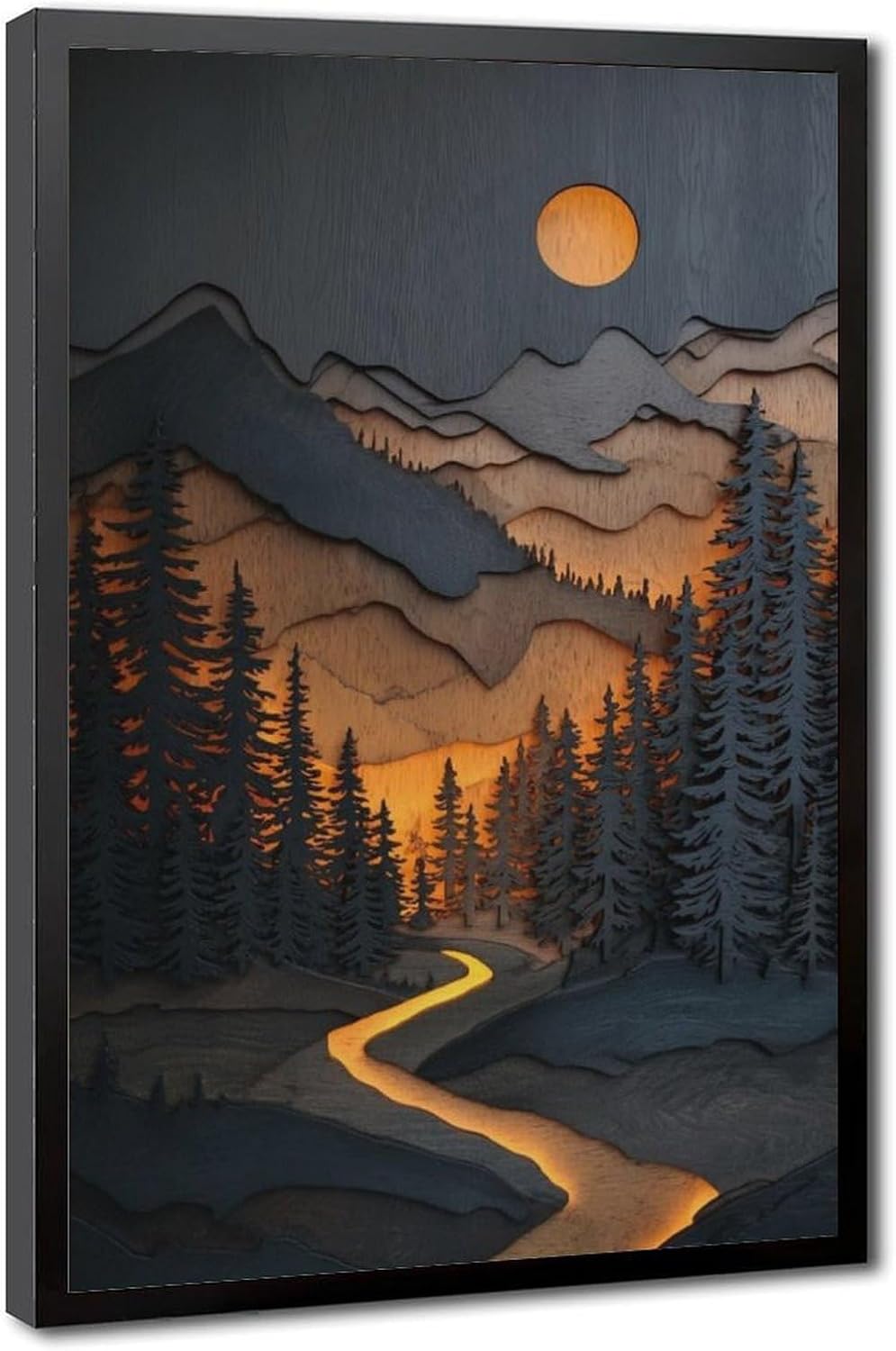 WANXU Sparkling River And Full Moon Layered Mountain Landscape Wall Print, Rustic Forest Scene for Country House Decor Or Themed Interiors Canvas Poster Bedroom Decor Sports Landscape Office Room Deco