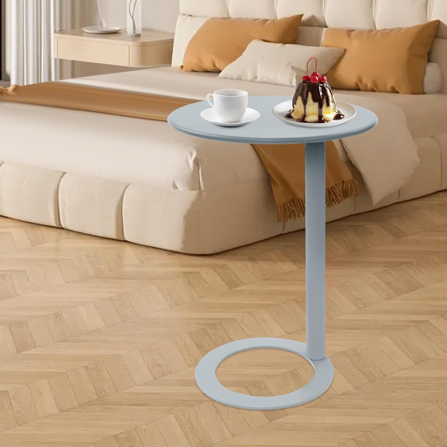 C-Shaped Round Side Table, Couch Side Tables with O-Shaped Base, Metal End Table for Couch Sofa Bed, Small Accent Side Table for Living Room Bedroom Office (Grey)