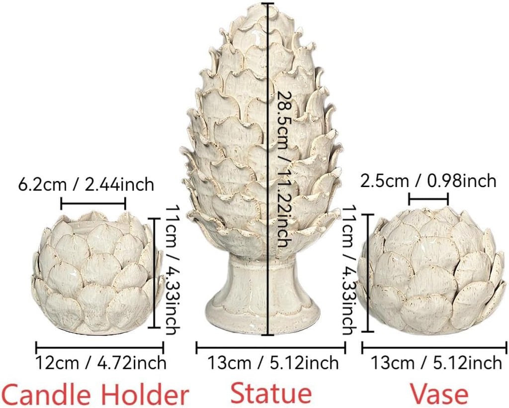 White Ceramic Artichoke Decorative Set, 3-Piece, Statue Ornament, Candle Holder, Vase for Home Decor