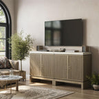 BELLEZE Set of 2 Anton 2 Door Sideboard Buffet Cabinet with Travertine-Look Top, Fluted Reeded Doors, Adjustable Shelf Storage Credenza for Dining Room Living Room Entryway, Travertine Greige