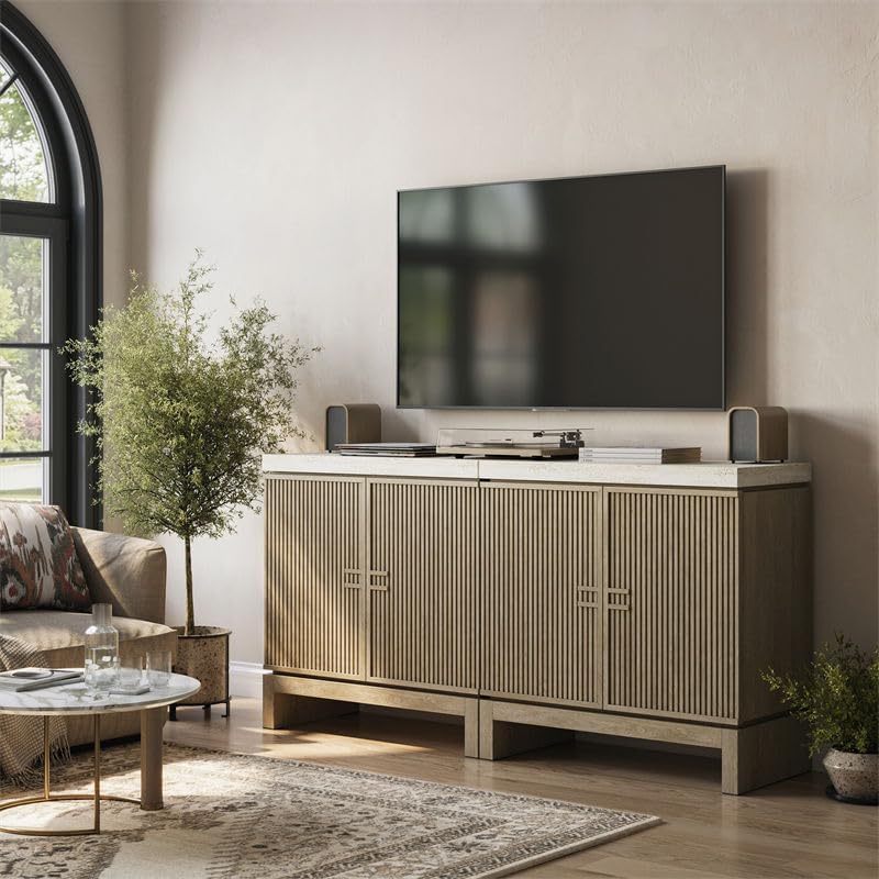 BELLEZE Set of 2 Anton 2 Door Sideboard Buffet Cabinet with Travertine-Look Top, Fluted Reeded Doors, Adjustable Shelf Storage Credenza for Dining Room Living Room Entryway, Travertine Greige