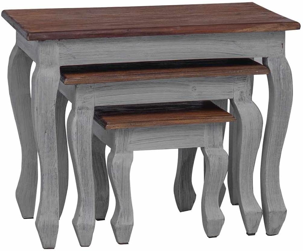 4-Piece Solid Mahogany Wood Nesting Table Set in Brown and White with Stands for Living Room, Vintage Style Stackable Side Tables for Space Saving Design