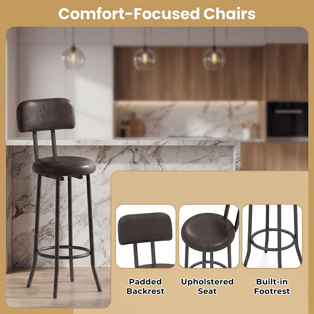 Giantex 3-Piece Bar Table and Chairs Set, Counter Height Pub Table and 2 Upholstered Stools with Backrest & Footrest, Space-Saving High Top Bistro Table Set for Breakfast Nook, Small Space