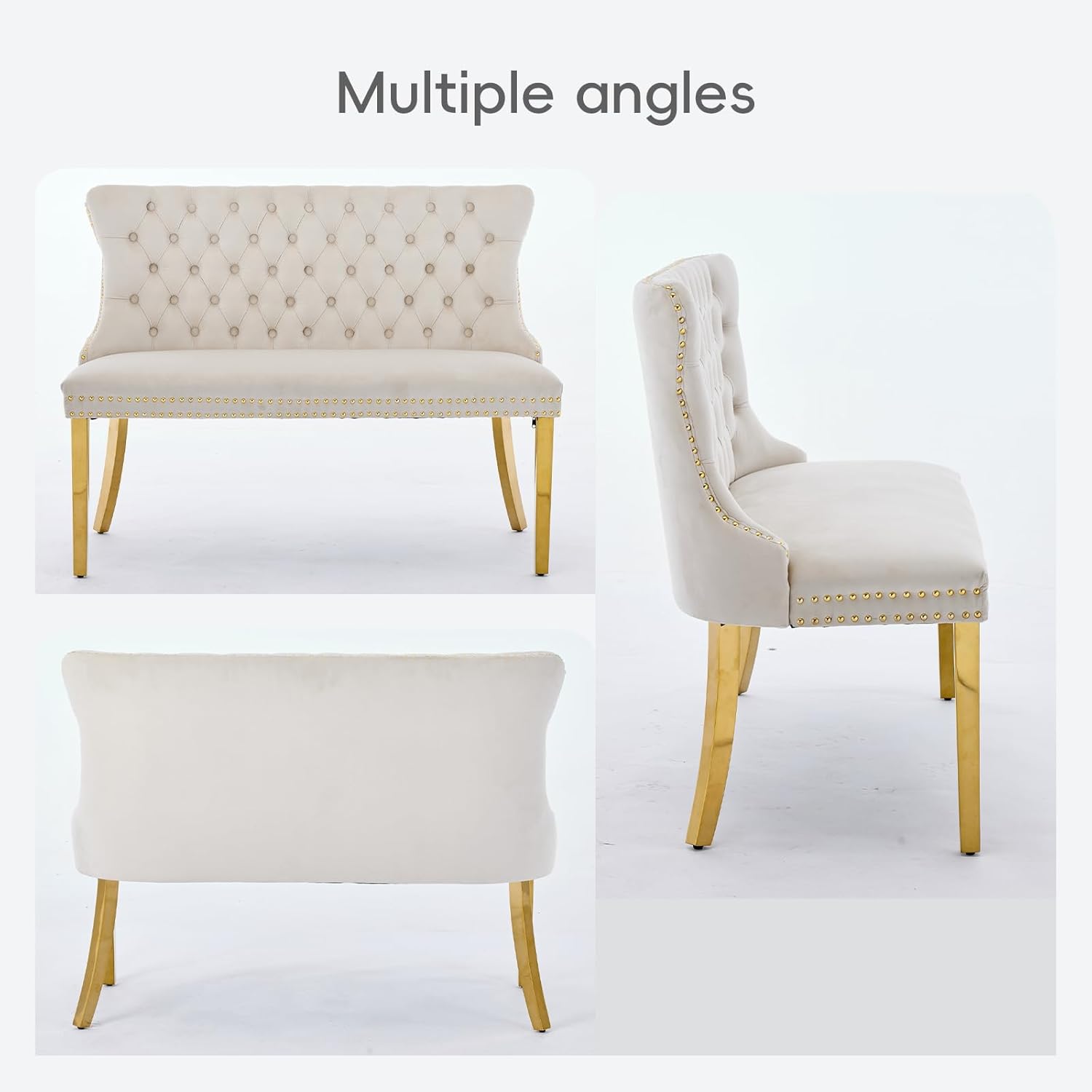 Velvet Double Dining Loveseat Bench with Wing Back, Tufted Upholstered 2-Seat Design,Golden Stainless Steel Legs, Modern Mid-Century Accent Seating for Dining Room, Kitchen, or Entryway (Beige)
