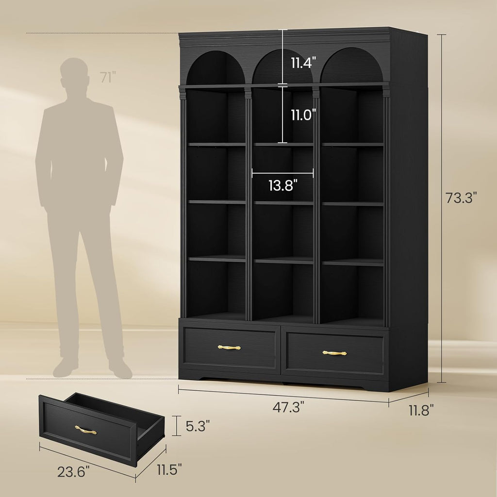 UPOSOJA 73.3" H Triple Wide Bookshelf with 2 Drawers, 6 Tier Tall Bookcase with Storage, Large Bookcase with 5 Adjustable Shelves, Wood Bookshelves and Bookcases for Home Office (Black)