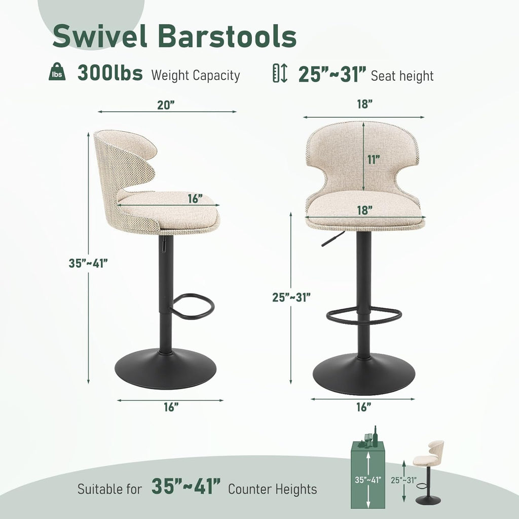 Furnimart Outdoor Bar Stools Set of 2, 360° Swivel Patio Bar Chairs with Adjustable Height & Waterproof Cover, PU Seat & Textilene Mesh Back, Counter & Bar Height Stools for Backyard, Balcony, Beige