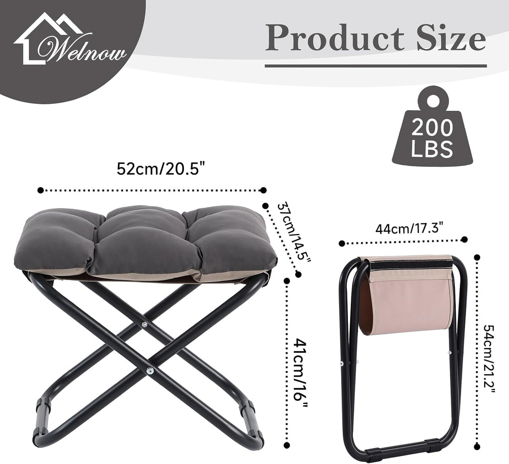 Welnow Folding Foot Stool, Upholstered Small Accent Ottoman with Detachable Thick Cotton Cushion, Padded Sofa Stool with Straight Metal Legs for Lazy Chair, Living Room, Bedroom, Dark Grey