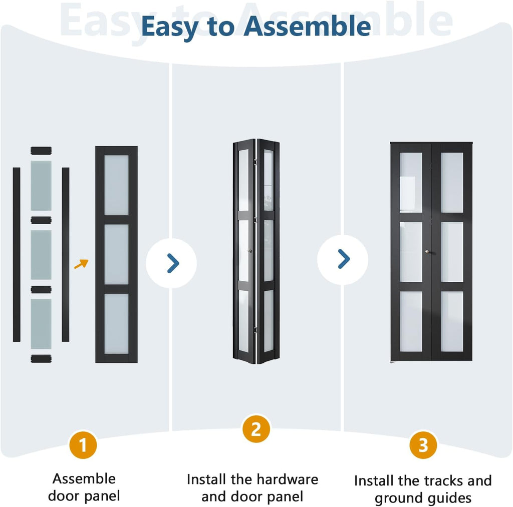 Bifold Doors for 30"×80-3/4" Opening, 3-Lite Tempered Frosted Glass Closet Folding Barn Door Slab with Concealed Hardware Kit Included, MDF Wood Panel, Easy Assembly, Black