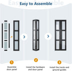 Bifold Doors for 30"×80-3/4" Opening, 3-Lite Tempered Frosted Glass Closet Folding Barn Door Slab with Concealed Hardware Kit Included, MDF Wood Panel, Easy Assembly, Black