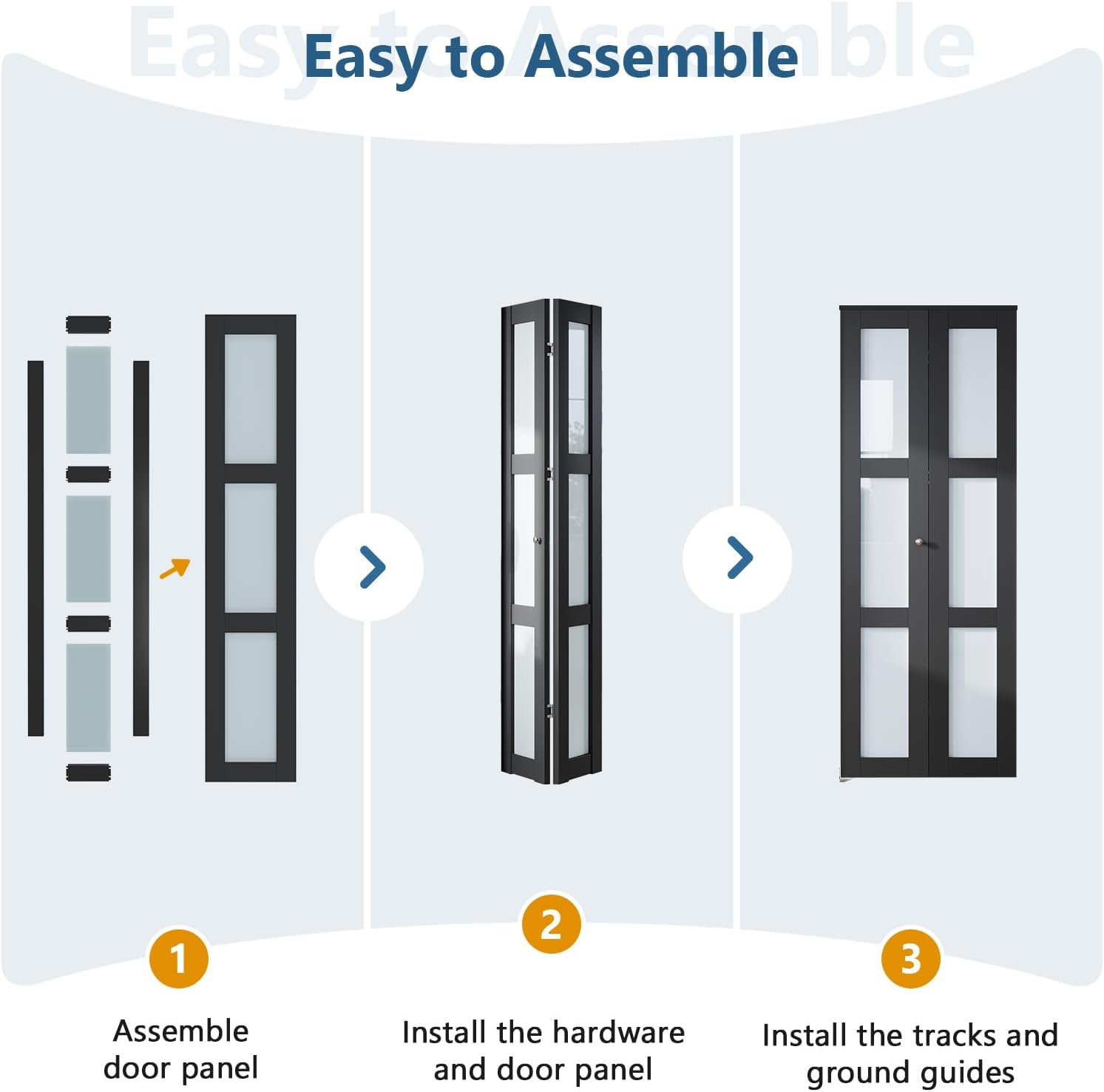 Bifold Doors for 30"×80-3/4" Opening, 3-Lite Tempered Frosted Glass Closet Folding Barn Door Slab with Concealed Hardware Kit Included, MDF Wood Panel, Easy Assembly, Black