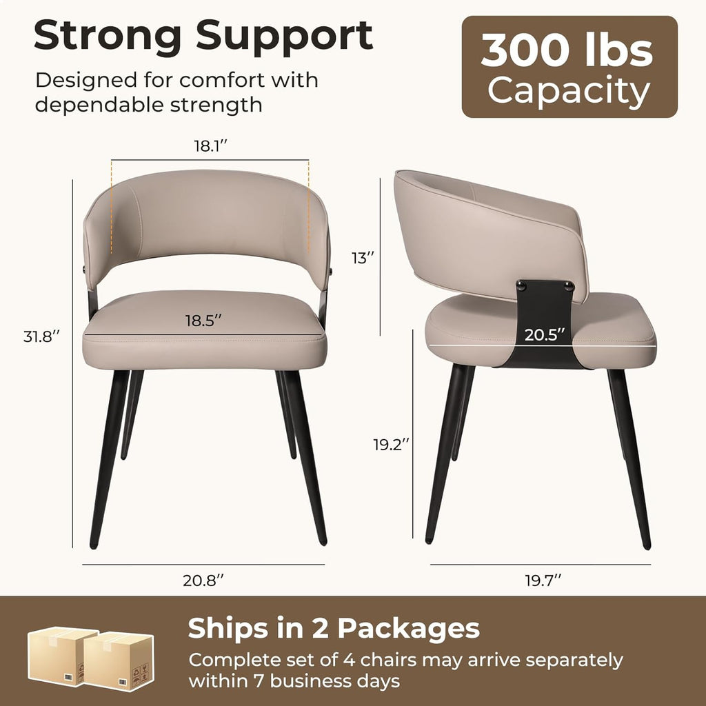 Dining Chairs Set of 4, Modern Upholstered Faux Leather Kitchen Chairs with Curved Back, Easy to Assemble & Clean for Dining Room, Restaurant, Cafe, Warm Gray