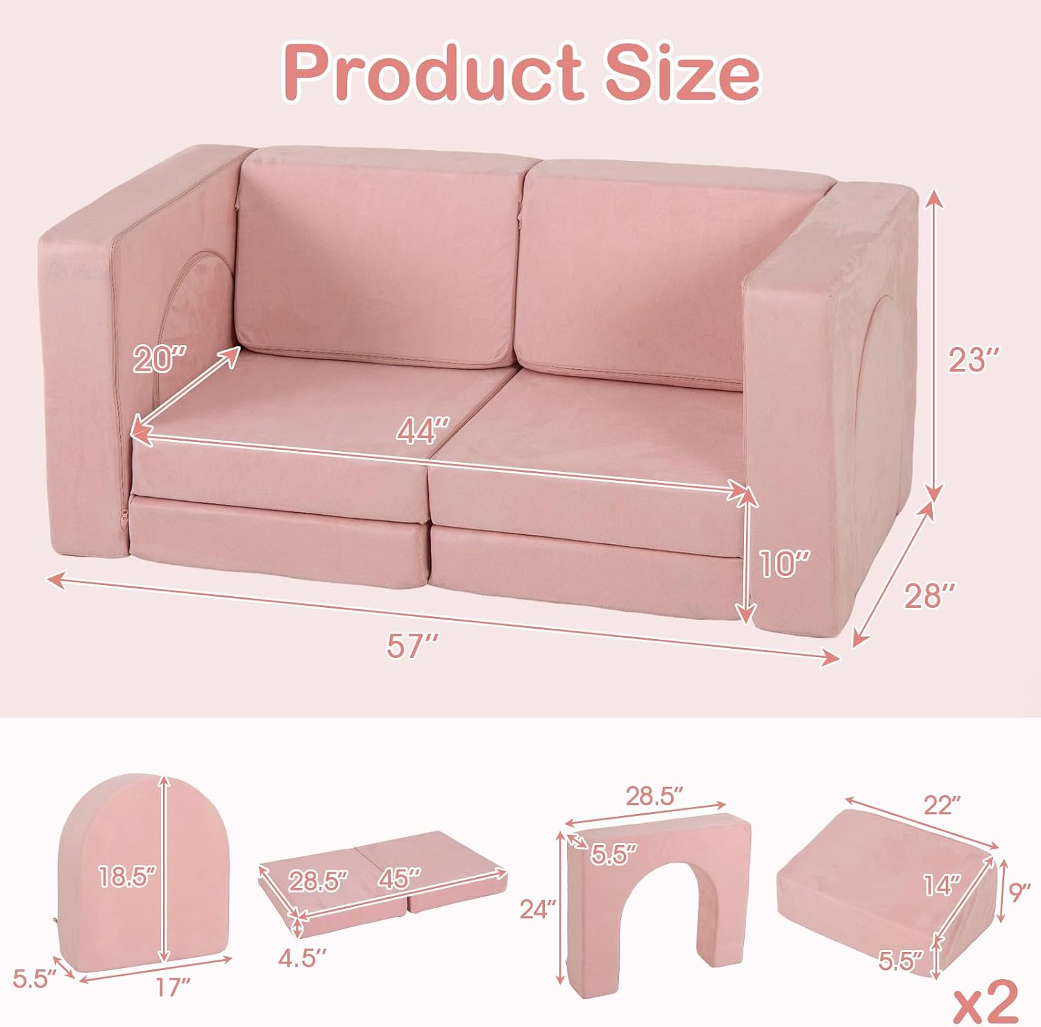 INFANS Modular Kids Play Couch, 8 PCS Toddler Creative Sectional Fort Building Sofa for Playroom, Bedroom, Children Convertible Versatile Soft Foam Furniture Playset Crawling Floor Cushion