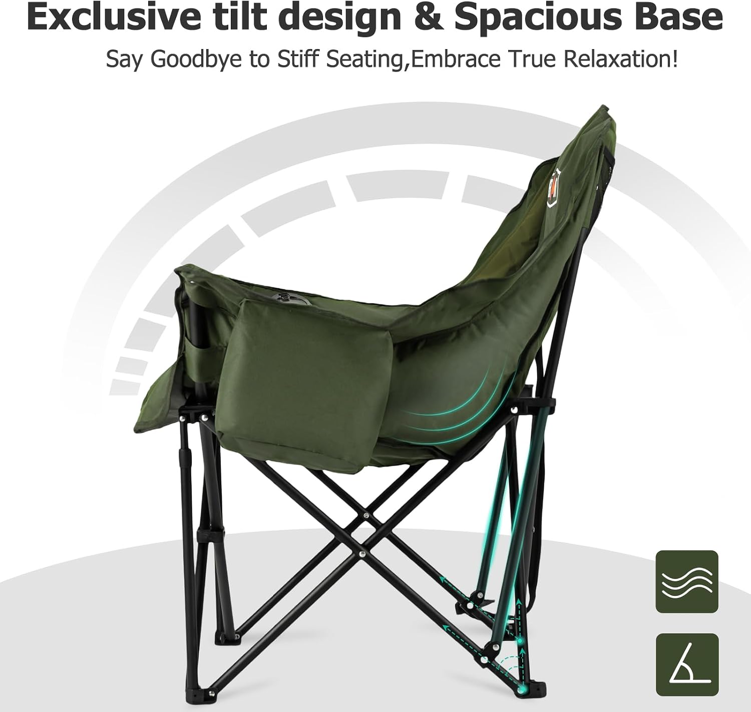 Overmont Oversized XL Camping Chair for Adults - 500lbs Support Heavy-Duty Padded Folding Chair with Side Pocket Cup Holder Cooling Bag for Outdoor Sports Garden Beach Fishing Lawn Green