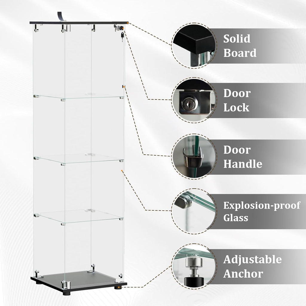 BEAUTYPEAK Tempered Glass Display Cabinet, 4-Tier Curio Cabinet with Glass Doors and Lock, Glass Display Case for Collectibles, for Living Room, Single Door, Black