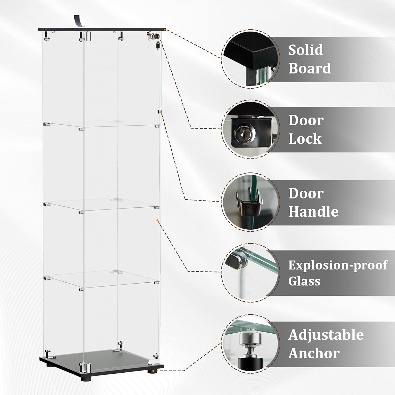 BEAUTYPEAK Tempered Glass Display Cabinet, 4-Tier Curio Cabinet with Glass Doors and Lock, Glass Display Case for Collectibles, for Living Room, Single Door, Black