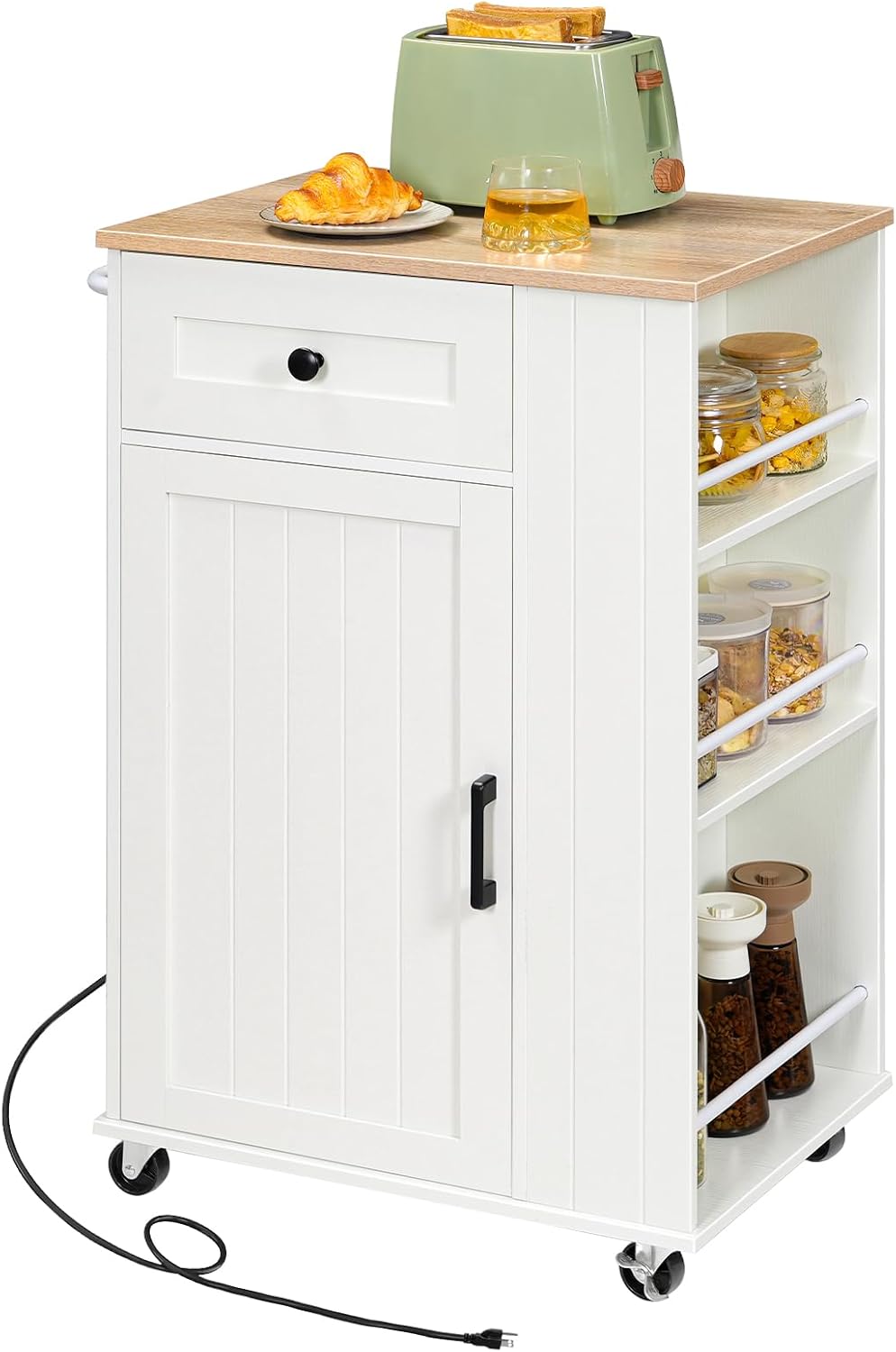 HOOBRO Kitchen Island on Wheels, Kitchen Island Cart with Power Outlet, Kitchen Storage Island with Spice Rack and Drawer, Island Table for Kitchen & Dining Room, White and Natural WN36UZD01