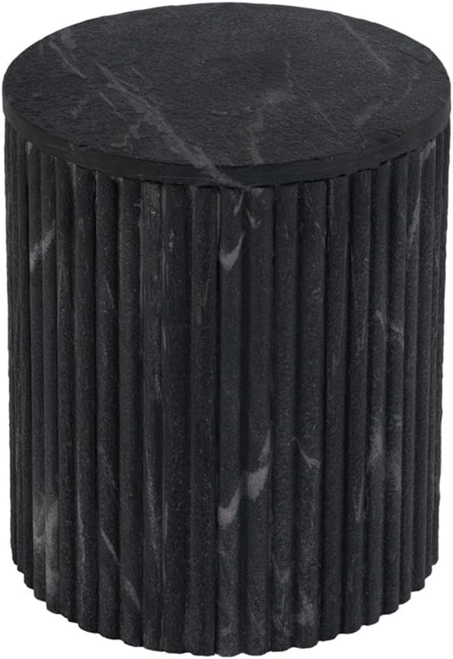 Beaumont Lane Round Marble and Wood Side Table, 15" W x 18" H, Gray and White Finish, Fully Assembled, Drum Base Accent Table for Living Room, Bedroom, or Office