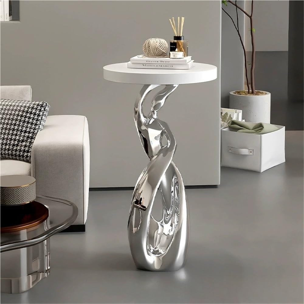 Modern 28.3'' Tall Round End Table, Small Coffee Table with Abstract Sculpture Base, Resin Sofa Side Tables, Elegant Art Accent Tables for Living Room Bedroom Office Small Spaces(Gold)