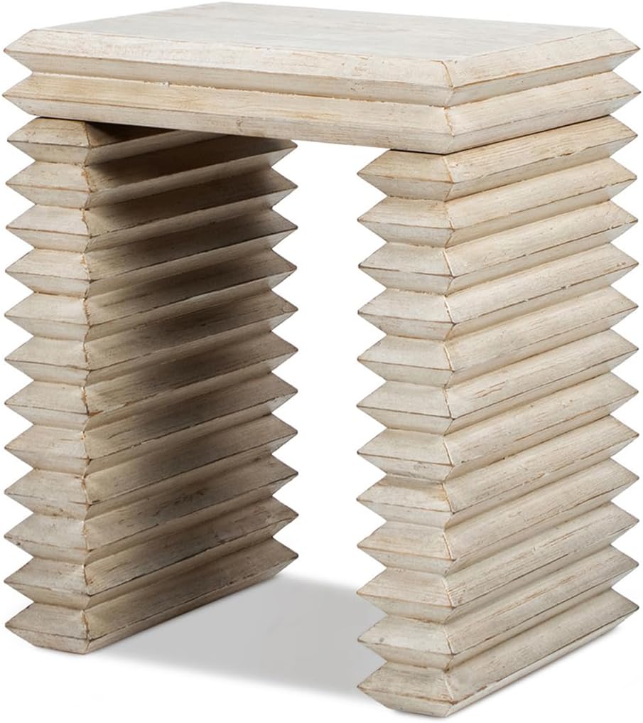 Jennifer Taylor Home Veda 20" Reclaimed Wood Stacked Geometric Waterfall Side Table, Whitewashed Natural Reclaimed Pine Wood