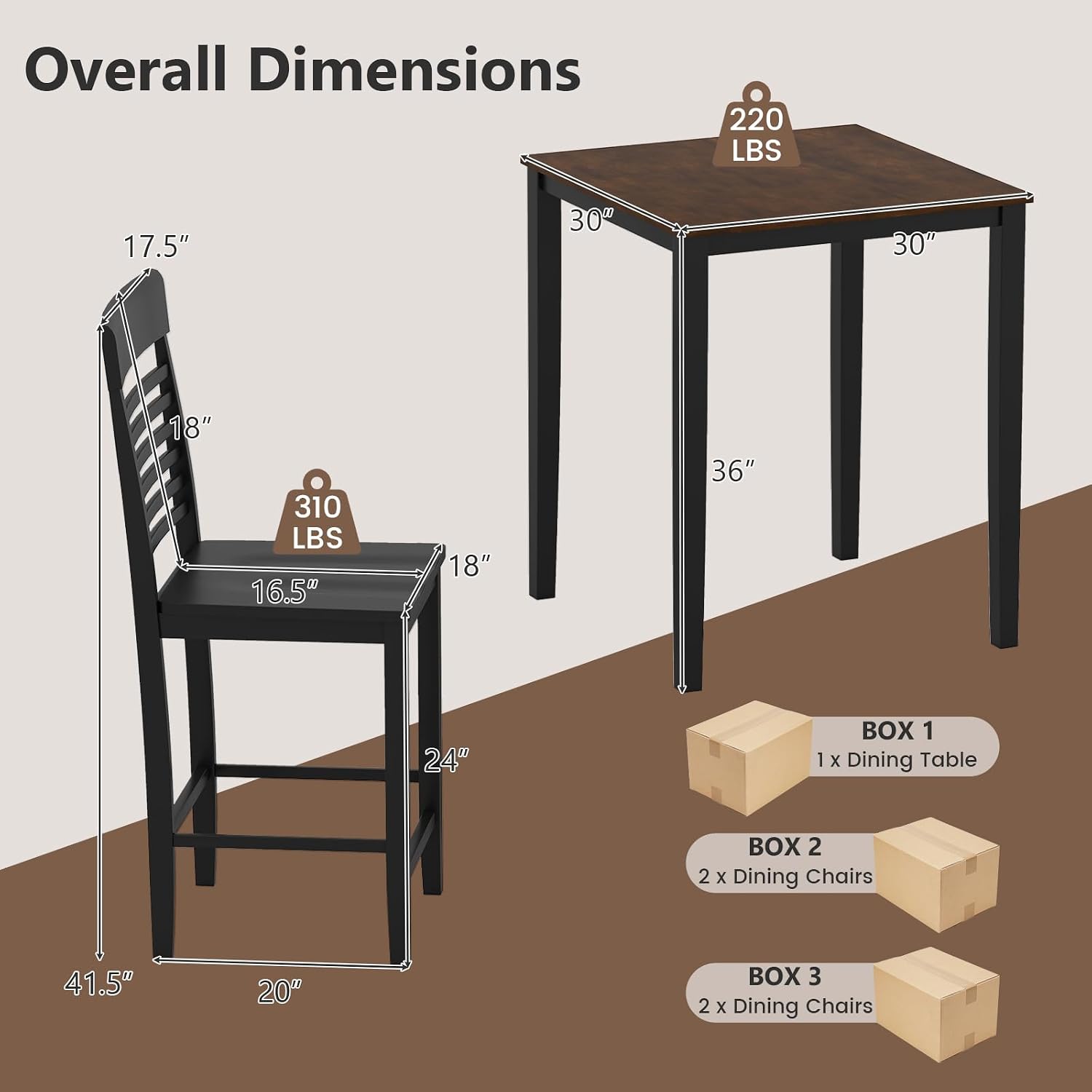 Giantex 5-Piece Dining Table Set for 4, Counter-Height Square Kitchen Table and Chairs Set with Rubber Wood Frame, Curved Back, Footrest, Bar Table Set for Small Place Dinette Breakfast Nook