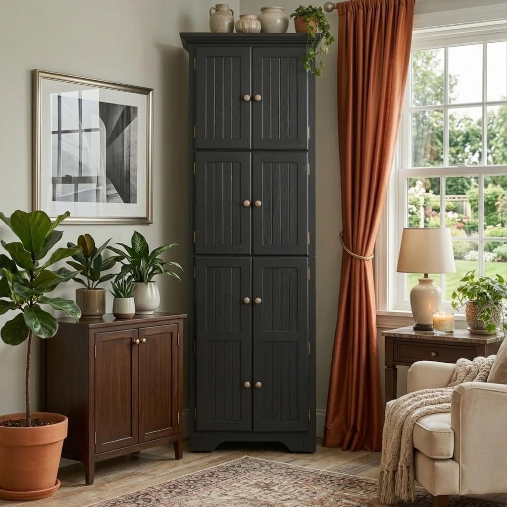 Corner Storage Cabinet 72" H Wooden Kitchen Pantry with 8 Doors, Freestanding Bookshelf Cabinet with Adjustable Shelves for Living Room (Black & Style 2)