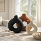 3 Pcs Ceramic Vase Rust for Modern Home Decor Round Circle Matte Boho Donut Vase for Table Decor Living Room Minimalist Nordic, 9.4", 7.7", 5.6"