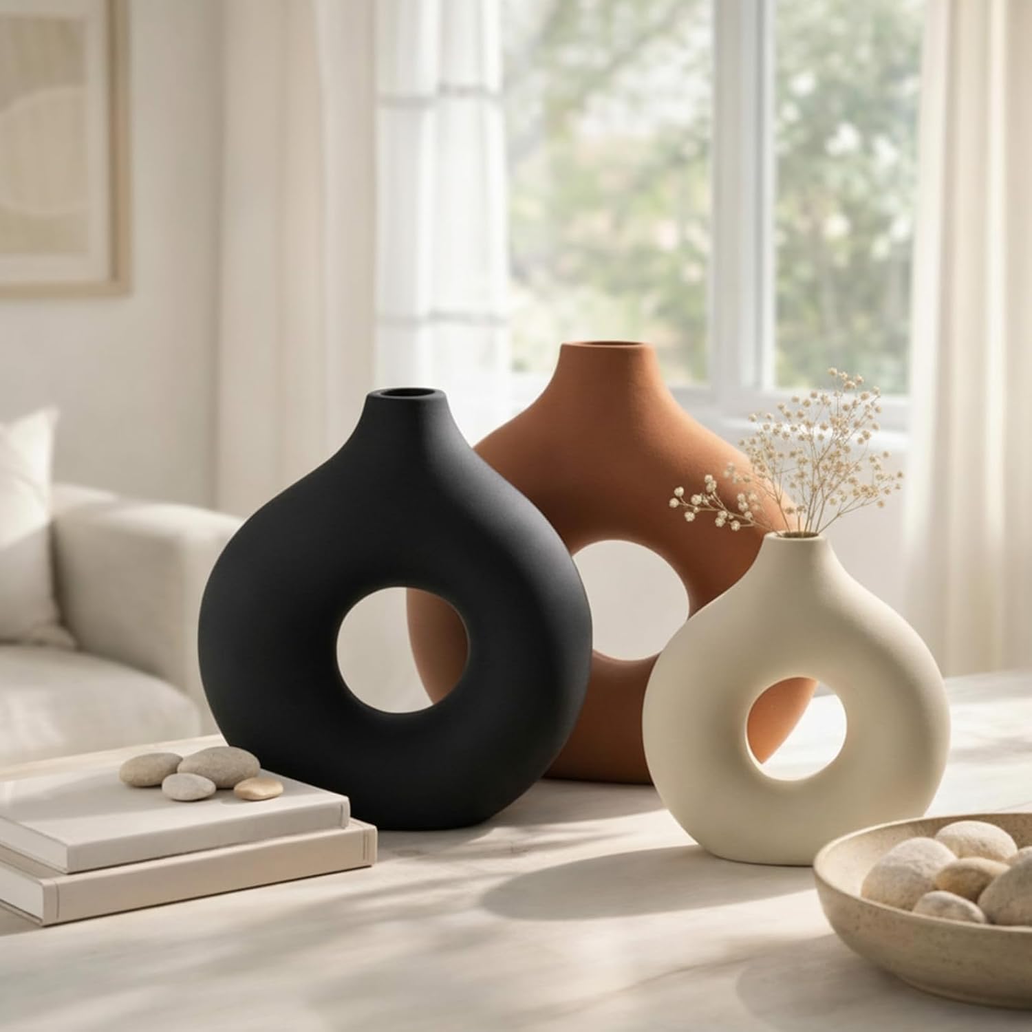 3 Pcs Ceramic Vase Rust for Modern Home Decor Round Circle Matte Boho Donut Vase for Table Decor Living Room Minimalist Nordic, 9.4", 7.7", 5.6"