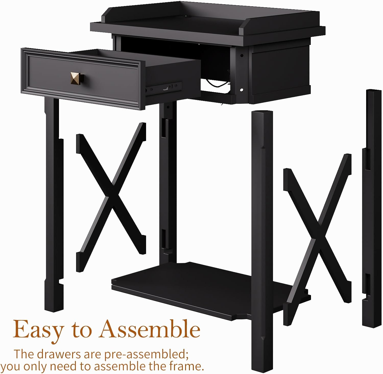 karlott 28" Nightstand with Charging Station, Solid Wood Night Stand with Pre-Assembled Drawer, Painted Bedside Table with Storage Shelf, Farmhouse End Side Table for Bedroom, Living Room, Black