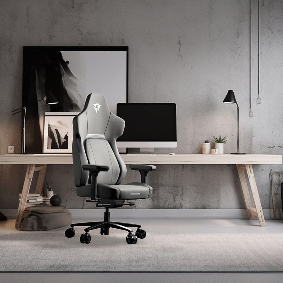 THUNDERX3 CORE Gaming Chair, for Adults Ergonomic Office Chair, High Back Desk Chair, Synchronous Tilt, Forward Tilt, 360° Self-adjusting Lumbar Support, Multipurpose Footrest, Fabric, Loft Light Grey