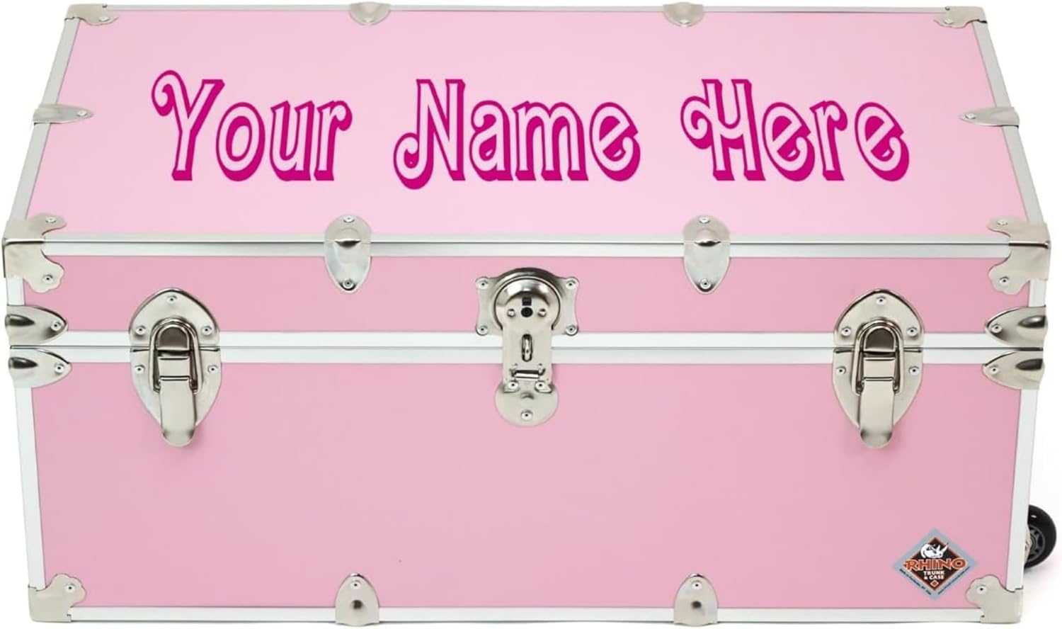 Rhino Trunk & Case Girls Personalized Pink Trunk with Wheels. 32"x18"x14", 1000+ lbs Capacity Steamer Style - Strong, USA Made Summer Camp Footlocker and Secure Dorm Storage Chest