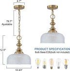 EDSILIVE Vintage Glass Pendant Lights Kitchen Island 10" Bowl Clear Glid Glass Hanging Ceiling Light Fixture with Brass Gold Finish for Dining Room Kitchen Table